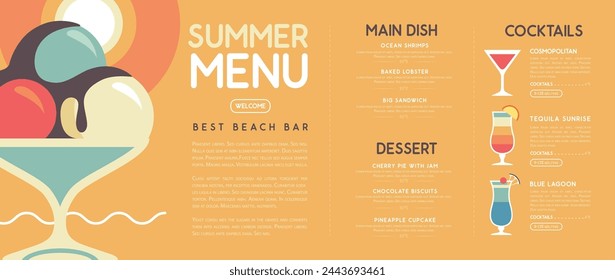 Retro summer restaurant cocktail menu design. Vector illustration