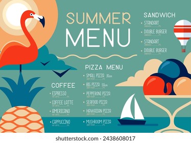 Diseño de menú de restaurante de verano retro con flamenco, piña, helado y globo aerostático. Ilustración de vector