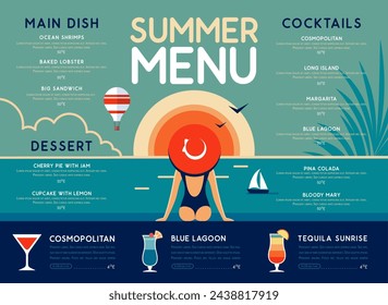 Diseño de menú de restaurante de verano retro con cócteles, paisaje oceánico y mujer en sombrero. Ilustración de vector