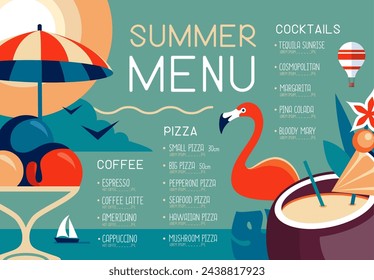 Retro summer restaurant menu design with flamingo, ice cream and pina colada cocktail. Vector illustration