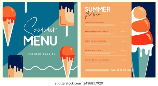 Diseño de menú de restaurante de verano retro con helado. Ilustración de vector