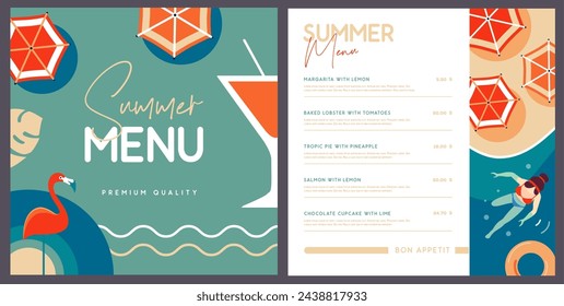 Diseño de menú de restaurante de verano retro con cóctel, flamenco y vista superior de la playa. Ilustración de vector