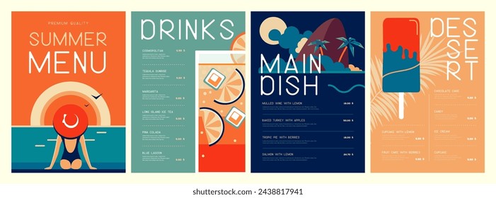 Retro summer restaurant menu design with cocktail, tropic island, ice cream and woman in hat. Vector illustration