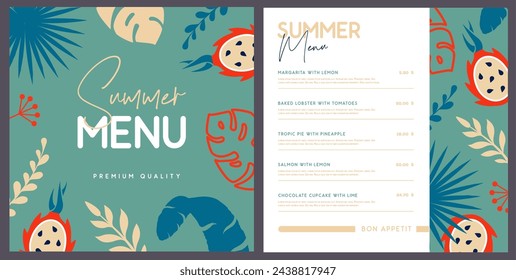 Retro summer restaurant menu design with tropic leaves pattern and pitahaya. Vector illustration