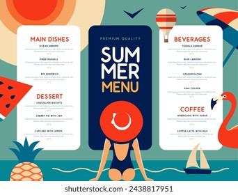 Retro summer restaurant menu design with pineapple, flamingo and woman in hat. Vector illustration