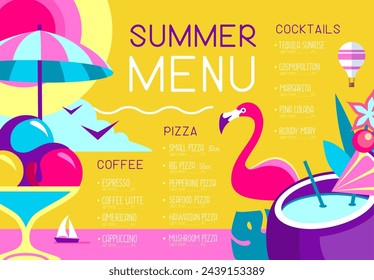 Retro summer restaurant menu design with flamingo, ice cream and pina colada cocktail. Vector illustration