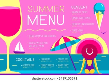 Retro summer restaurant menu design with wine glass, beach umbrella, ice cream and woman in hat. Vector illustration