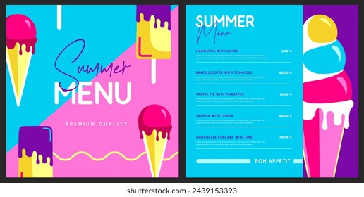 Diseño de menú de restaurante de verano retro con helado. Ilustración de vector