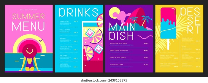Retro summer restaurant menu design with cocktail, tropic island, ice cream and woman in hat. Vector illustration