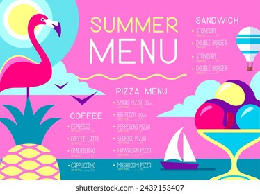 Diseño de menú de restaurante de verano retro con flamenco, piña, helado y globo aerostático. Ilustración de vector