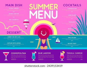 Retro summer restaurant menu design with cocktails, ocean landscape and woman in hat. Vector illustration