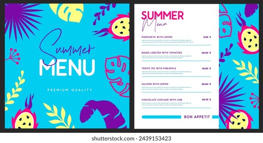Retro summer restaurant menu design with tropic leaves pattern and pitahaya. Vector illustration