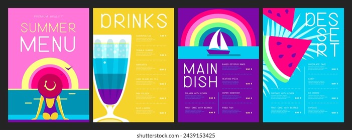 Retro summer restaurant menu design with cocktail, watermelon, rainbow and woman in hat. Vector illustration