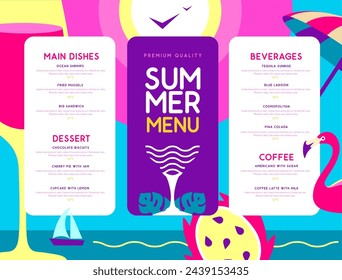 Retro summer restaurant menu design with flamingo, wine glass and pitahaya. Vector illustration