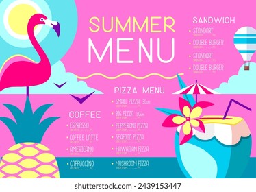 Retro summer restaurant menu design with flamingo, pineapple and pina colada cocktail. Vector illustration