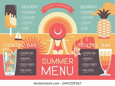 Retro summer restaurant menu design with cocktails, pineapple, ice cream and woman in hat. Vector illustration