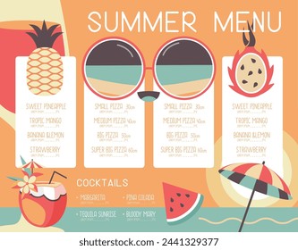 Retro summer restaurant menu design with sunglasses, wine glass and pitahaya. Vector illustration