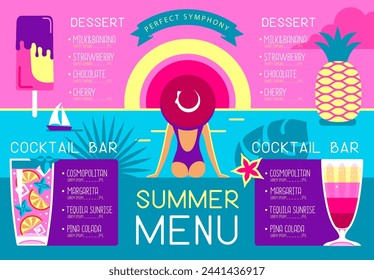 Retro summer restaurant menu design with cocktails, pineapple, ice cream and woman in hat. Vector illustration