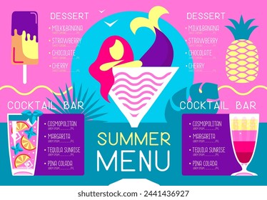 Retro summer restaurant menu design with cocktails, pineapple, ice cream and mermaid. Vector illustration