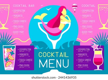 Retro summer restaurant menu design with cocktails and mermaid. Vector illustration