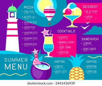 Retro summer restaurant menu design with ice cream, lighthouse and cocktails. Vector illustration