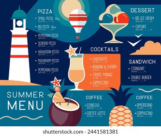 Retro summer restaurant menu design with ice cream, lighthouse and cocktails. Vector illustration