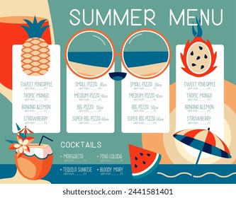 Retro summer restaurant menu design with sunglasses, wine glass and pitahaya. Vector illustration