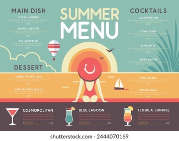 Diseño de menú de restaurante de verano retro con cócteles, paisaje oceánico y mujer en sombrero. Ilustración vectorial