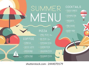 Retro summer restaurant menu design with flamingo, ice cream and pina colada cocktail. Vector illustration