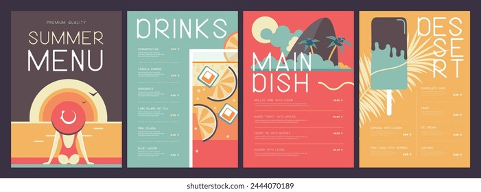 Retro summer restaurant menu design with cocktail, tropic island, ice cream and woman in hat. Vector illustration