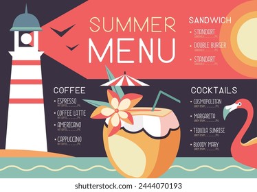 Retro summer restaurant menu design with flamingo, lighthouse and pina colada cocktail. Vector illustration