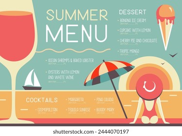 Retro summer restaurant menu design with wine glass, beach umbrella, ice cream and woman in hat. Vector illustration