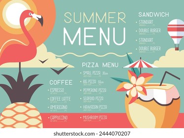 Retro summer restaurant menu design with flamingo, pineapple and pina colada cocktail. Vector illustration