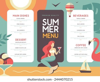 Retro summer restaurant menu design with mermaid and cocktail glass. Vector illustration