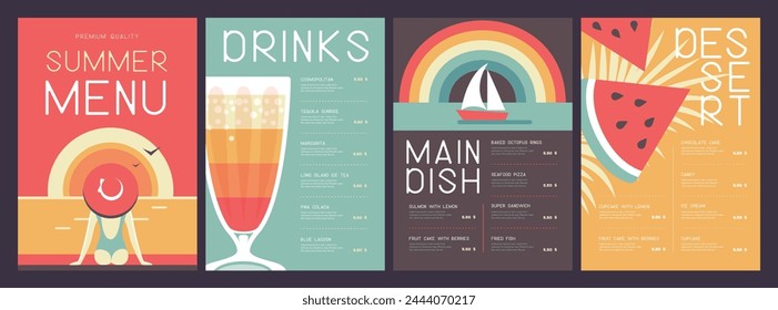 Retro summer restaurant menu design with cocktail, watermelon, rainbow and woman in hat. Vector illustration