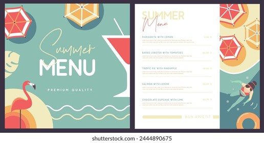 Retro summer restaurant menu design with cocktail, flamingo and beach top view. Vector illustration