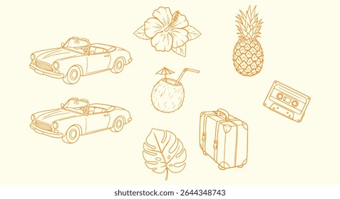 Retro summer road-trip doodle pack. Classic convertible, hibiscus bloom, pineapple, coconut drink, monstera leaf, cassette tape and rolling suitcase in orange line