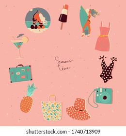Retro summer round frame, with a surfer girl, with a camera, a peas swimsuit, pineapple, cocktail, retro suitcase. Vector, cartoon illustration. Isolated on a pink background.