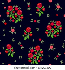 Retro summer. Rustic floral pattern with bouquets and small red roses.