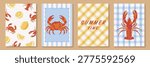 Retro summer seafood poster and pattern set vector. Hand drawn crab, lemon, lobster and gingham background design for video template, banner, restaurant ads.