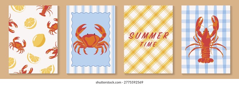 Retro summer seafood poster and pattern set vector. Hand drawn crab, lemon, lobster and gingham background design for video template, banner, restaurant ads.