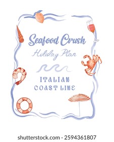 Retro summer seafood tour vector design, Italian beach seafood vacation artwork for t shirt, sweater, poster, graphic print, Holiday beach watercolor art with typography