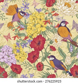 Retro Summer Seamless Floral Pattern with Birds and Butterflies. Blooming Hydrangea, Poppies and Bluebells, Lily on Beige Background. Vector illustration