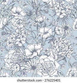 Retro Summer Seamless Monochrome Floral Pattern, Vintage Greeting Bouquet, Vector illustration. Roses. Poppies. Bluebells. Peony. Lily