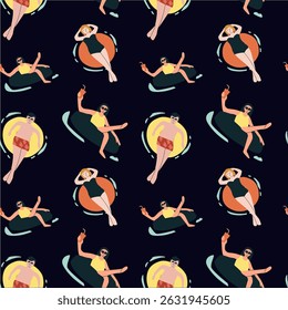 Retro verão sem costura padrão com nadadores na moda em trajes de banho vintage.