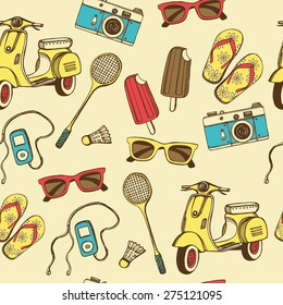 Retro summer seamless pattern with hand drawn scooter, flip flops, photo camera, sun glasses, ice cream, shuttlecock and badminton racket