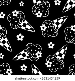 Retro summer seamless pattern with ice cream and flowers in black and white colors. Seasonal vector background.