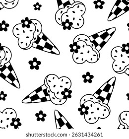 Retro summer seamless pattern with ice cream and flowers in black and white colors. Seasonal vector background.
