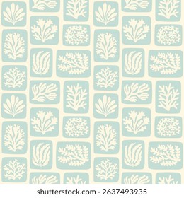Retro summer seamless pattern. Pastel seaweed, algae, corals silhouettes nautical hand drawn mosaic background, cut out block print illustrations. Patchwork blocks vintage marine print.