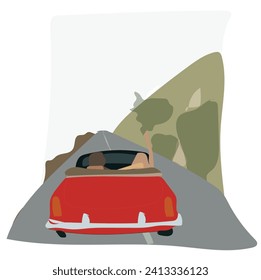 Retro summer season, road trip adventure, vintage  car driving along a scenic coastal highway, with winding roads, breathtaking ocean views, and a clear blue sky. Vector Illustration. SHOTLISTtravel.